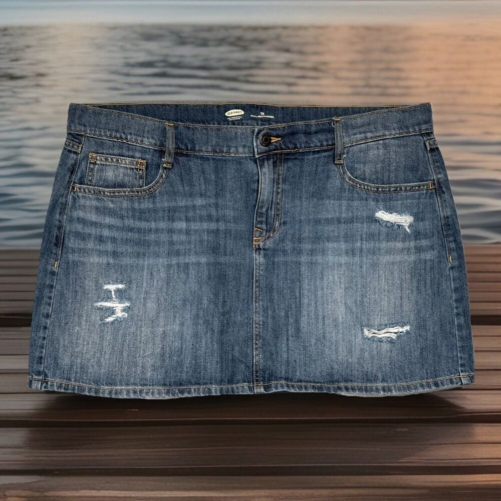 Old Navy Denim Mini Skirt 14 (W36 Length 15) Blue Cotton Distressed Womens